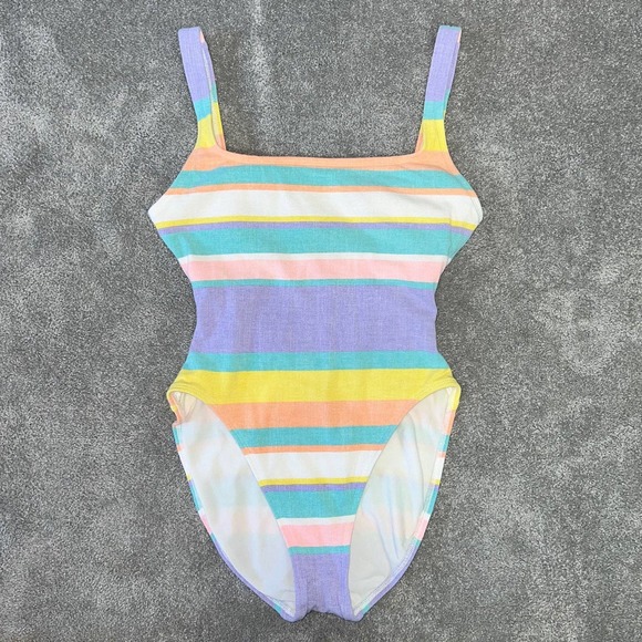 M Vintage Anne Cole Pastel Striped Cotton One Piece High Cut Low Back Swimsuit - Picture 4 of 11
